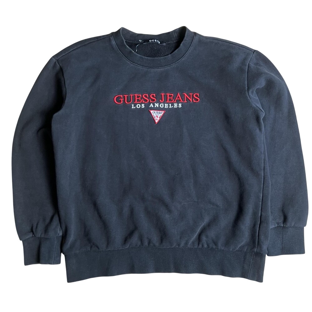 GUESS Sweater Mens S Black Pullover Crew Neck Lined Heavyweight Embroidered